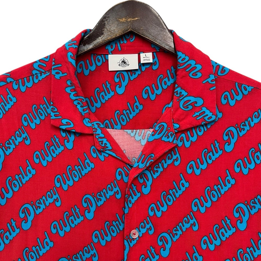 Disney Parks Men's Sz Large Red Button Front Rayon Retro Spellout Camp Shirt euc